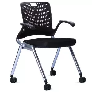 The Adapt Chair has a sturdy chrome frame with black castors a black seat pad and polypropylene back