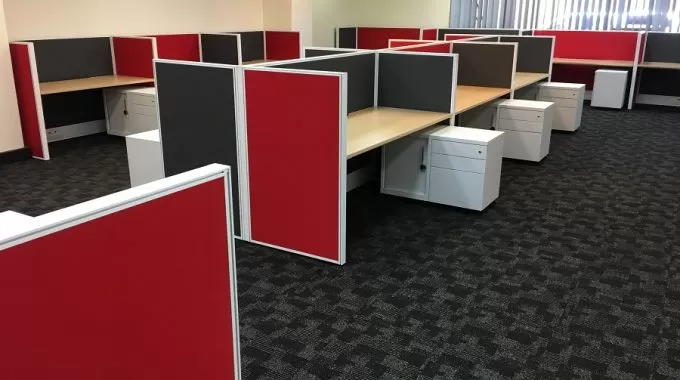 Office Desks With Fabric Privacy Screens And Mobile Caddy's In Office Space